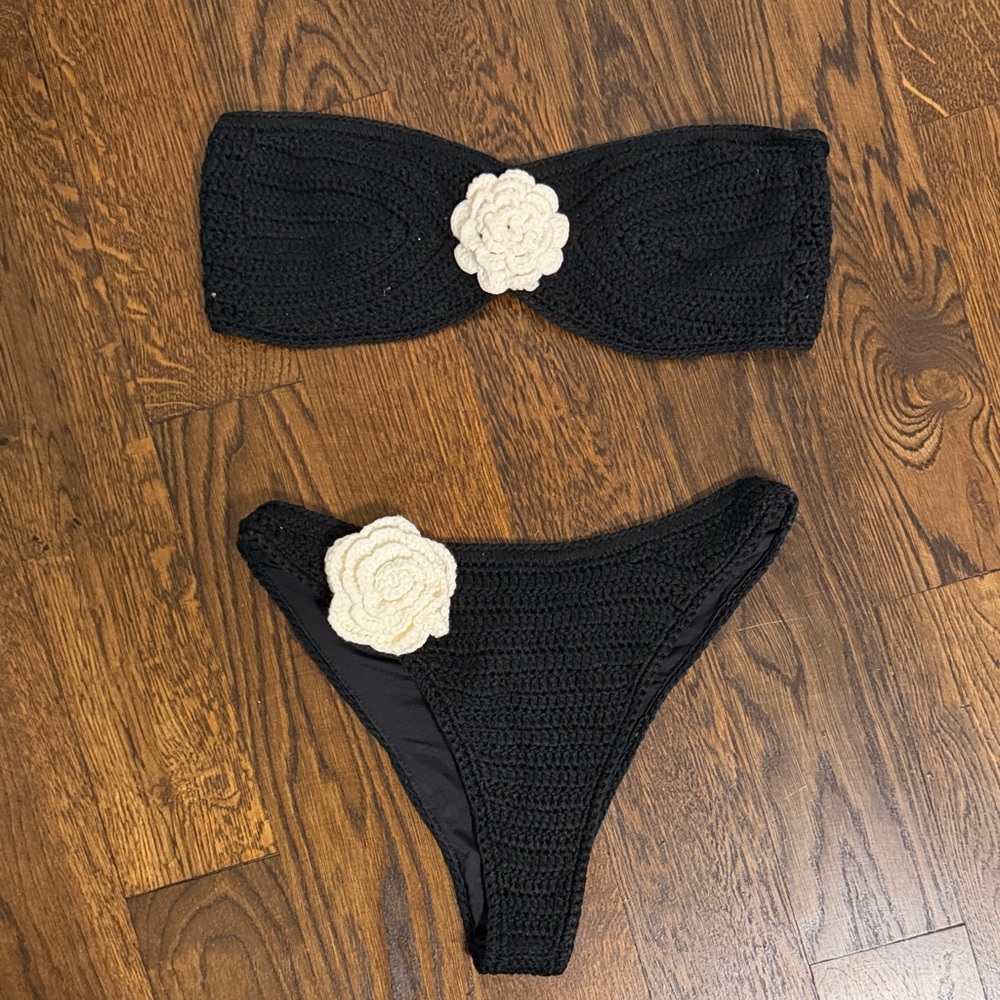 Meshki Black Crochet Bandeau Bikini Set with Cream Flower Accents